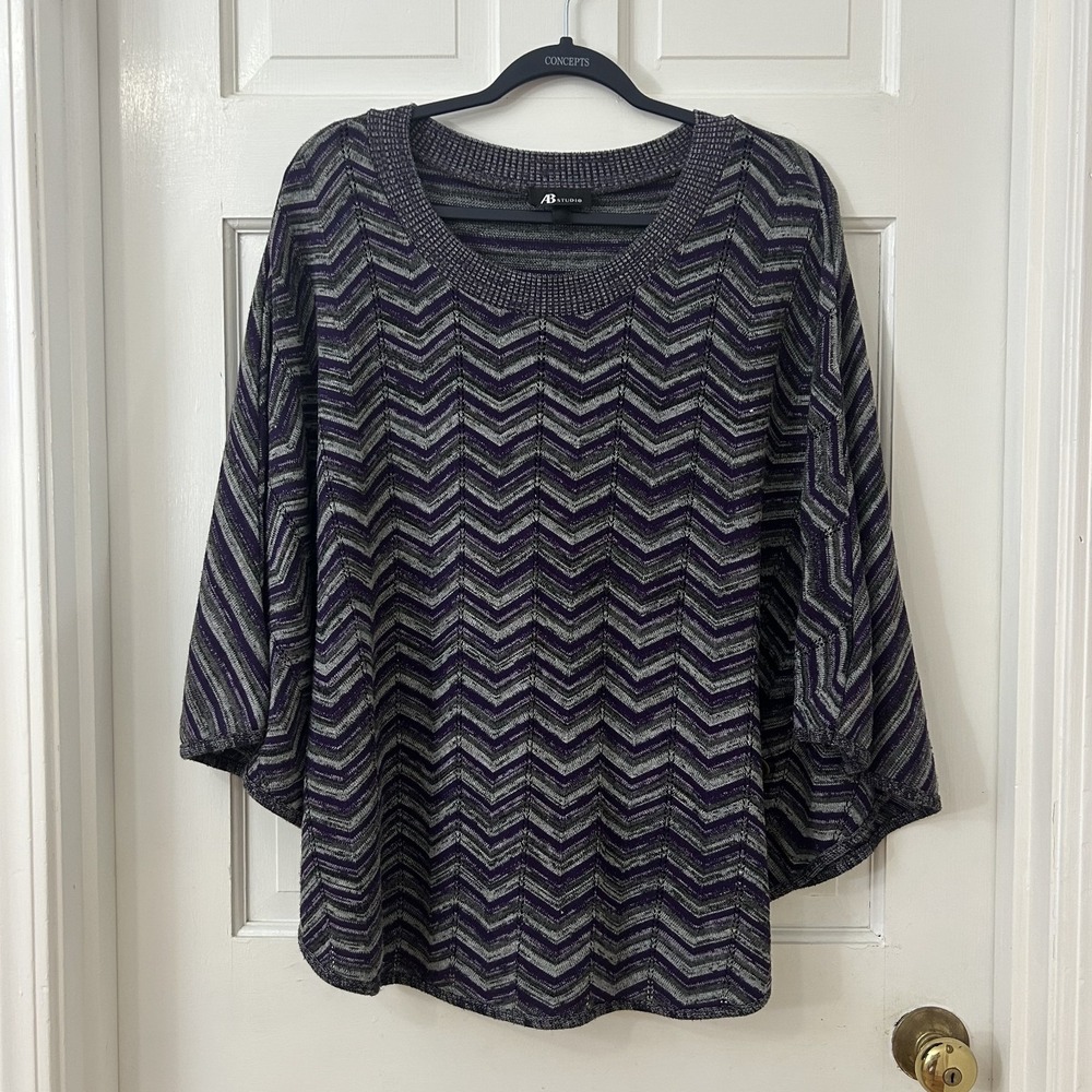 AB Studio Poncho Cape XL Gray Plum Knit Herringbone Boho Crew Neck Oversize